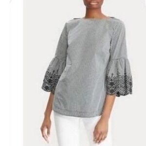 Lauren Ralph Lauren Gingham Bell Sleeve Embroidered Cuff Blouse XL